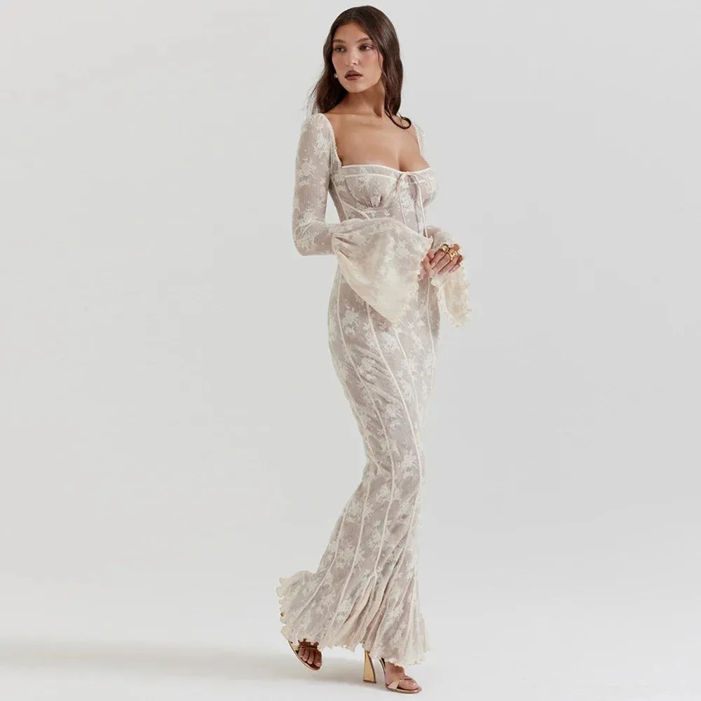 Sladuo Elagant Vintage Floral Cream Lace Long Flare Sleeve Maxi Dress Women's Girls Sexy Lady Long Bodycon Evening Partywear