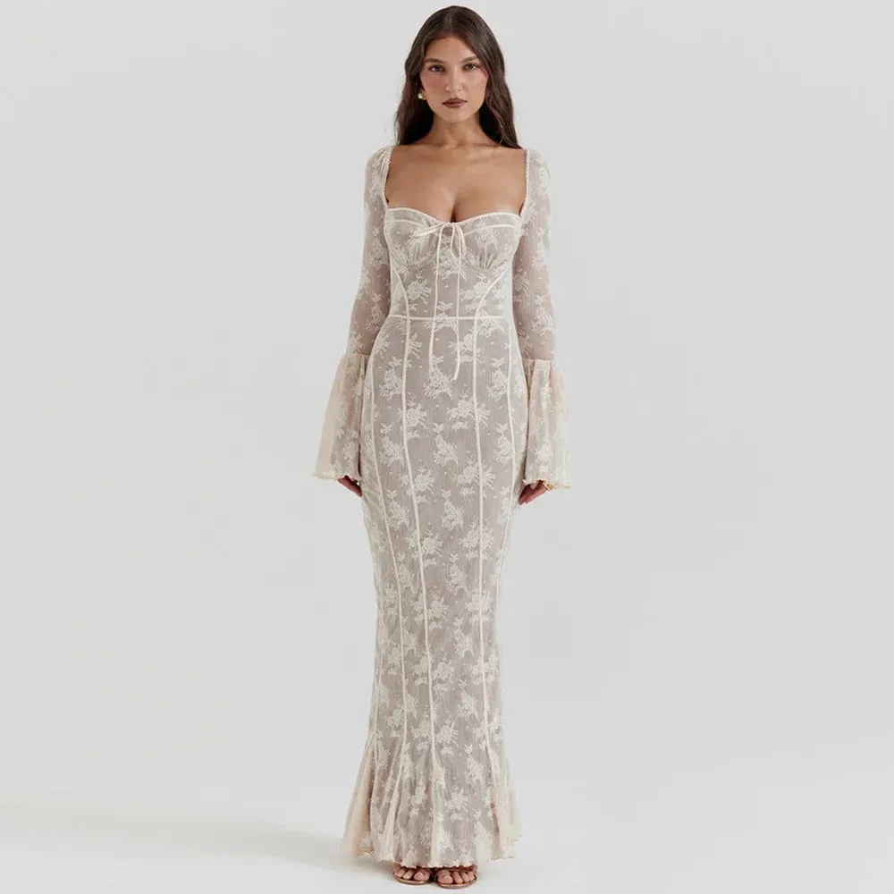 Sladuo Elagant Vintage Floral Cream Lace Long Flare Sleeve Maxi Dress Women's Girls Sexy Lady Long Bodycon Evening Partywear