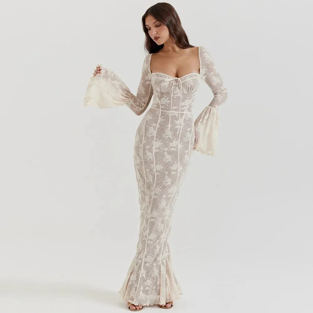 Sladuo Elagant Vintage Floral Cream Lace Long Flare Sleeve Maxi Dress Women's Girls Sexy Lady Long Bodycon Evening Partywear