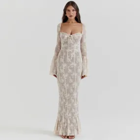 Sladuo Elagant Vintage Floral Cream Lace Long Flare Sleeve Maxi Dress Women's Girls Sexy Lady Long Bodycon Evening Partywear