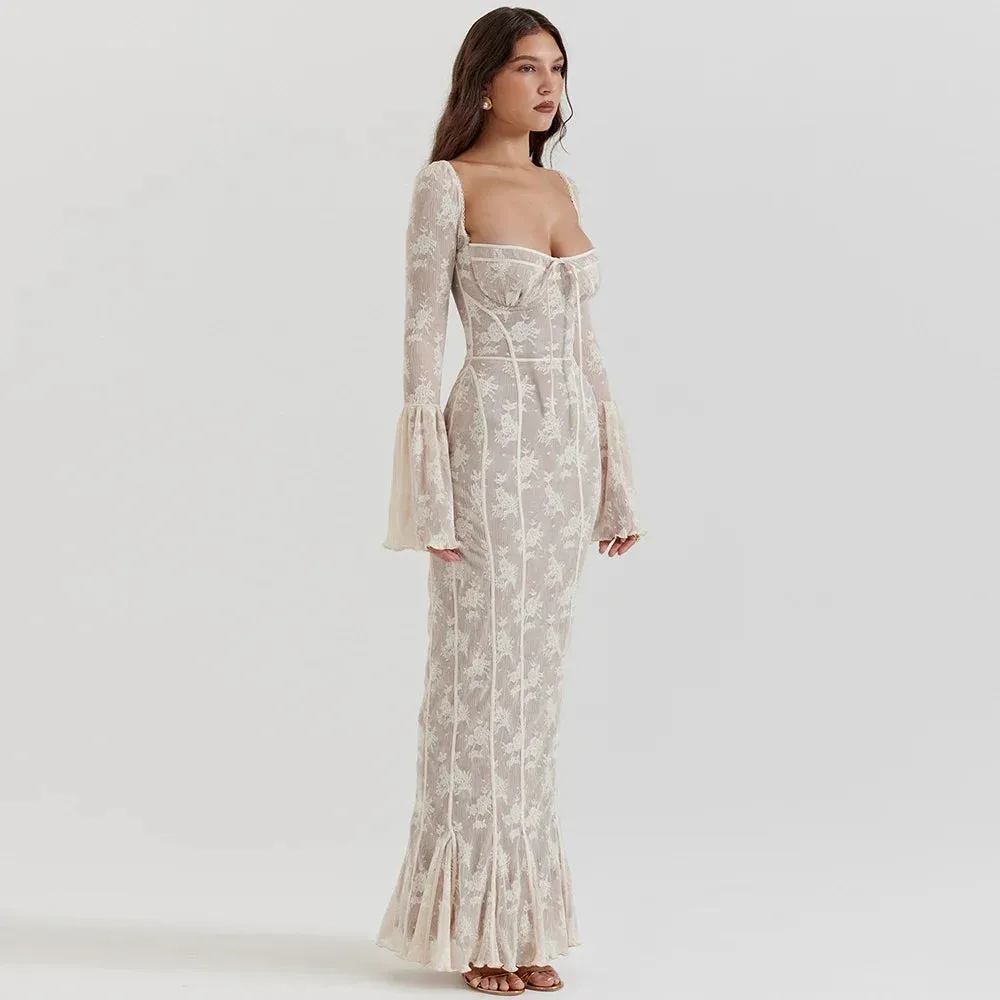 Sladuo Elagant Vintage Floral Cream Lace Long Flare Sleeve Maxi Dress Women's Girls Sexy Lady Long Bodycon Evening Partywear