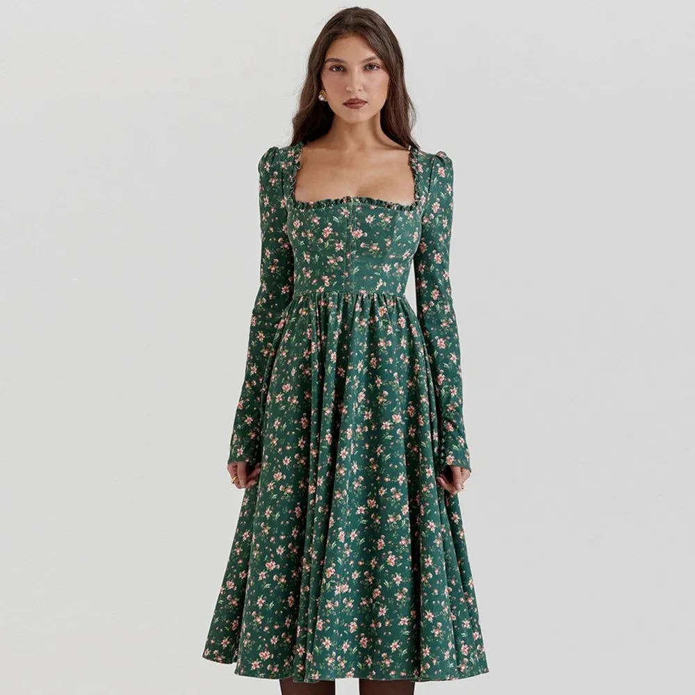 Sladuo Women's Autumn and Winter Fashion Long Sleeves Green Floral Print Midi Dress High Waist Chritmas Party A-line Midi Dress