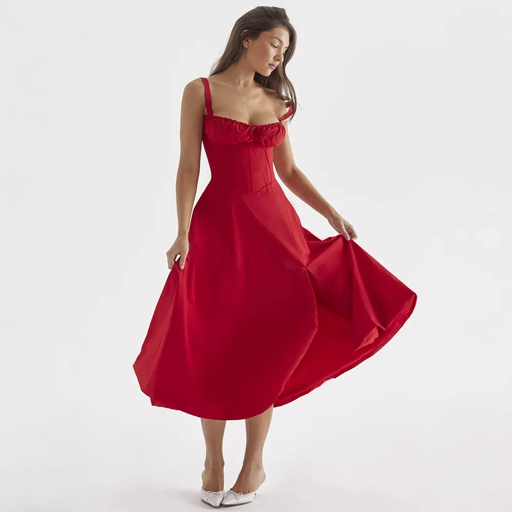 Sladuo Women's Spaghetti Strap Sleeveless High Waist Ruffle A Line Pockets Midi Dress
