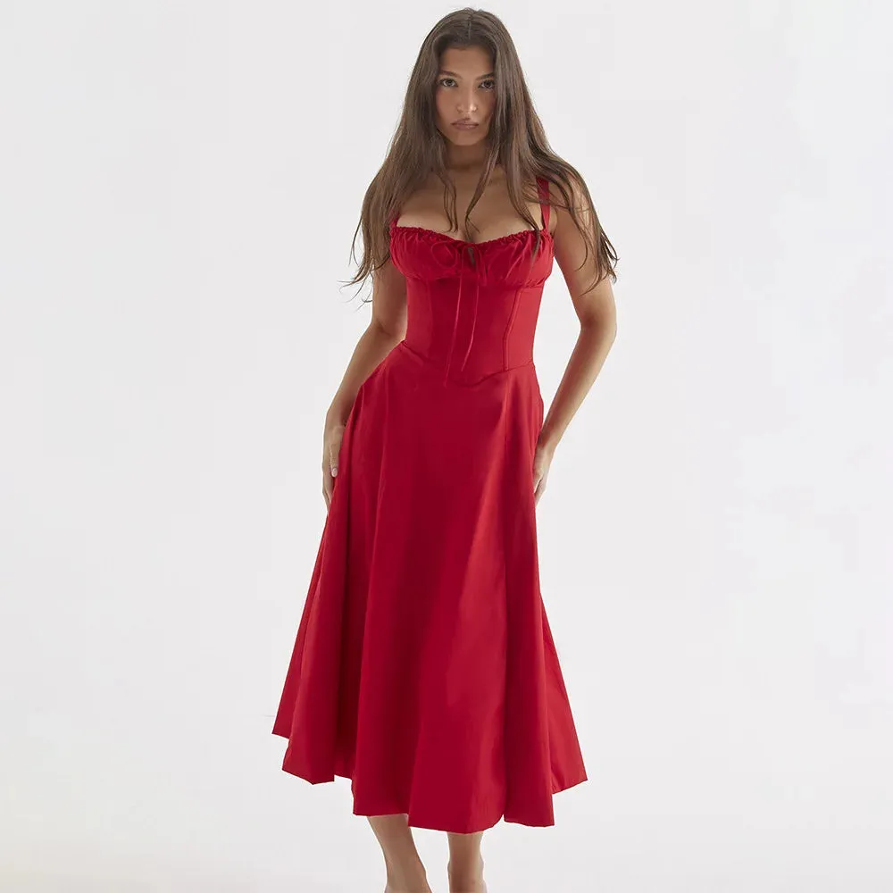 Sladuo Women's Spaghetti Strap Sleeveless High Waist Ruffle A Line Pockets Midi Dress