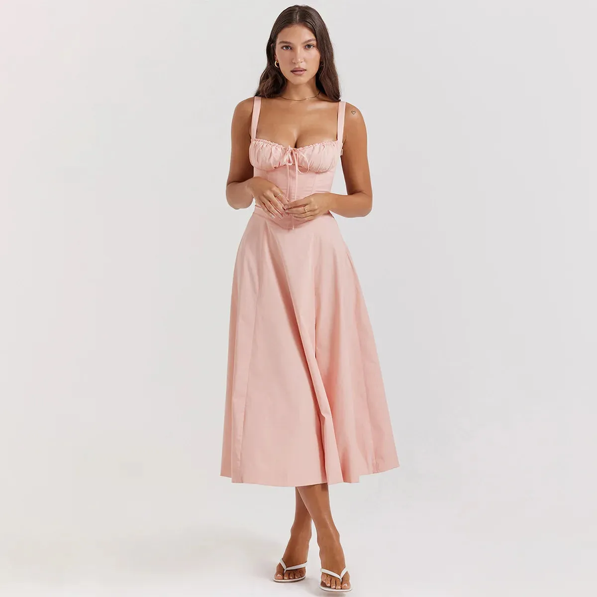 Sladuo Women's Spaghetti Strap Sleeveless High Waist Ruffle A Line Pockets Midi Dress