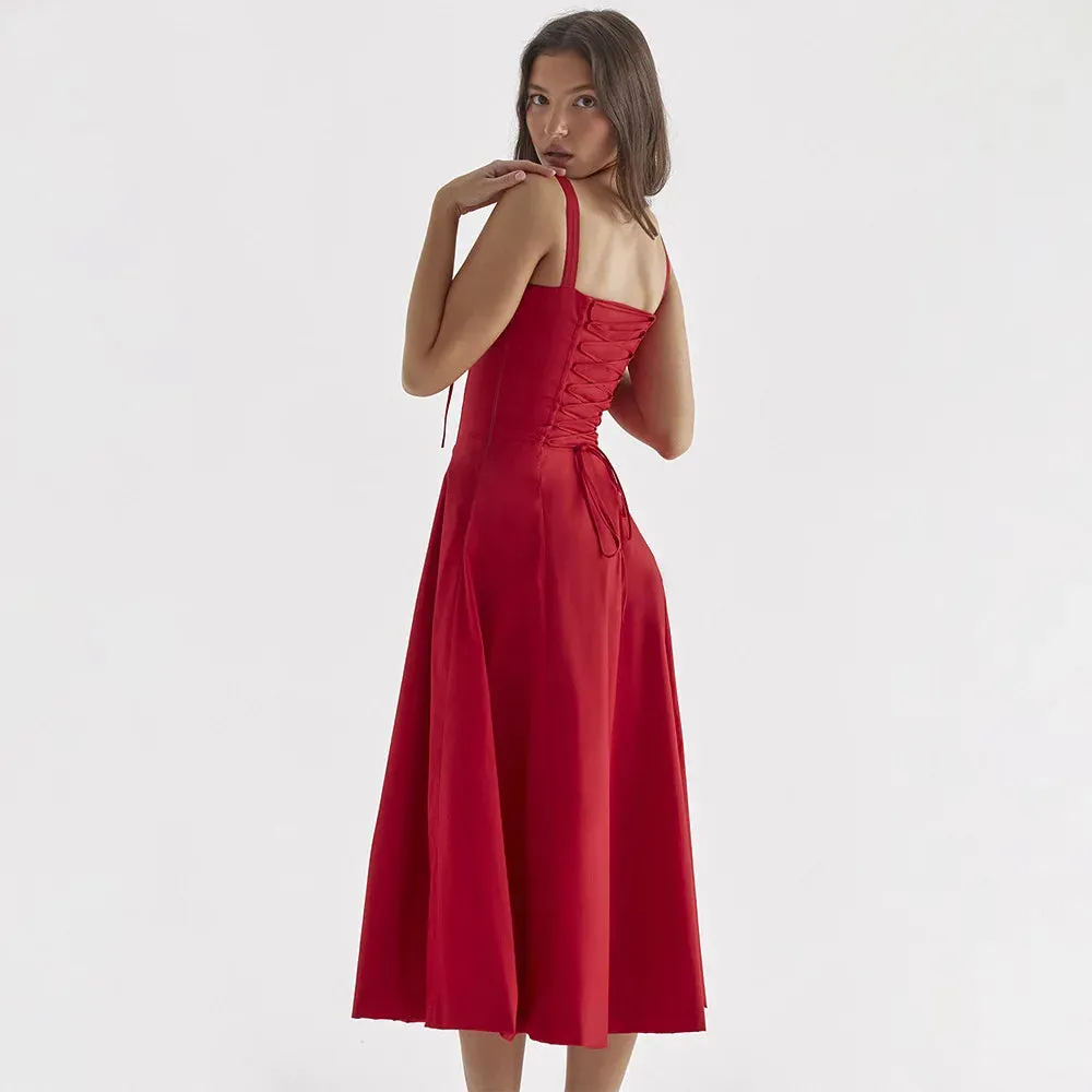 Sladuo Women's Spaghetti Strap Sleeveless High Waist Ruffle A Line Pockets Midi Dress
