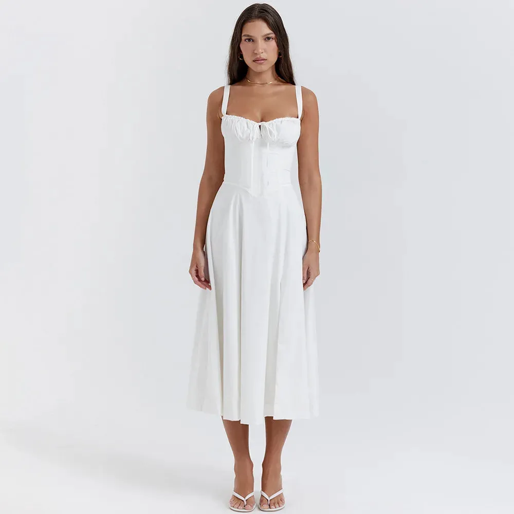 Sladuo Women's Spaghetti Strap Sleeveless High Waist Ruffle A Line Pockets Midi Dress