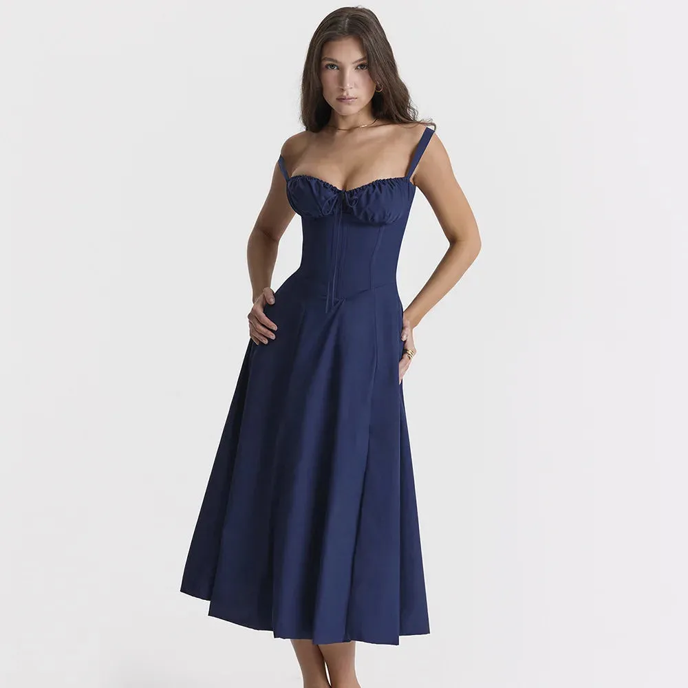 Sladuo Women's Spaghetti Strap Sleeveless High Waist Ruffle A Line Pockets Midi Dress