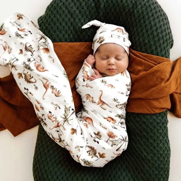 Snuggle Hunny Jersey Wrap with Matching Headwear - Dino Organic