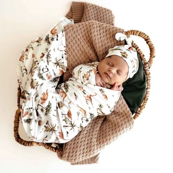 Snuggle Hunny Jersey Wrap with Matching Headwear - Dino Organic