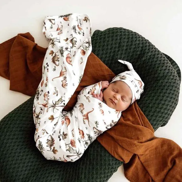 Snuggle Hunny Jersey Wrap with Matching Headwear - Dino Organic