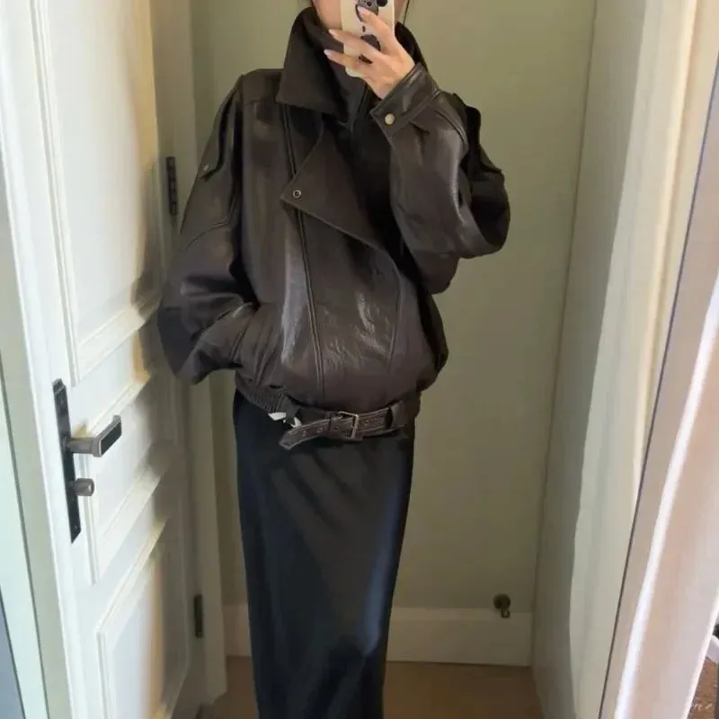 TAVIMART  -  Sweet Hot Girl PU Leather Jacket Short Coat Women's Autumn Retro Turn-down Collar Loose Leather Jacket Fashion Female Clothes