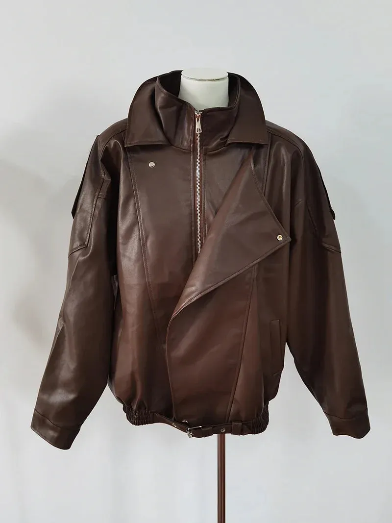 TAVIMART  -  Sweet Hot Girl PU Leather Jacket Short Coat Women's Autumn Retro Turn-down Collar Loose Leather Jacket Fashion Female Clothes