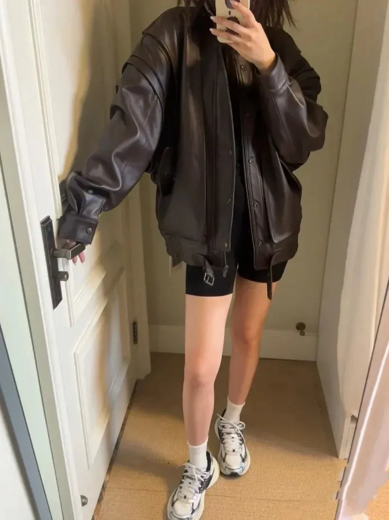 TAVIMART  -  Sweet Hot Girl PU Leather Jacket Short Coat Women's Autumn Retro Turn-down Collar Loose Leather Jacket Fashion Female Clothes
