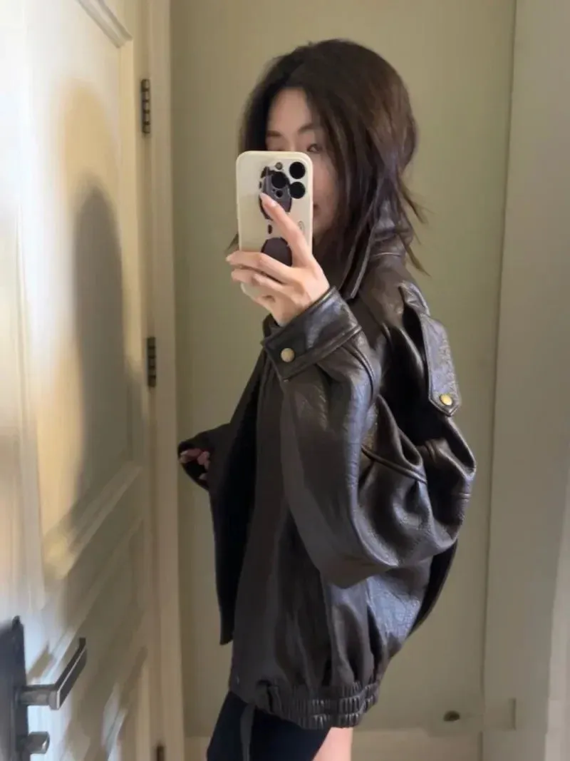 TAVIMART  -  Sweet Hot Girl PU Leather Jacket Short Coat Women's Autumn Retro Turn-down Collar Loose Leather Jacket Fashion Female Clothes