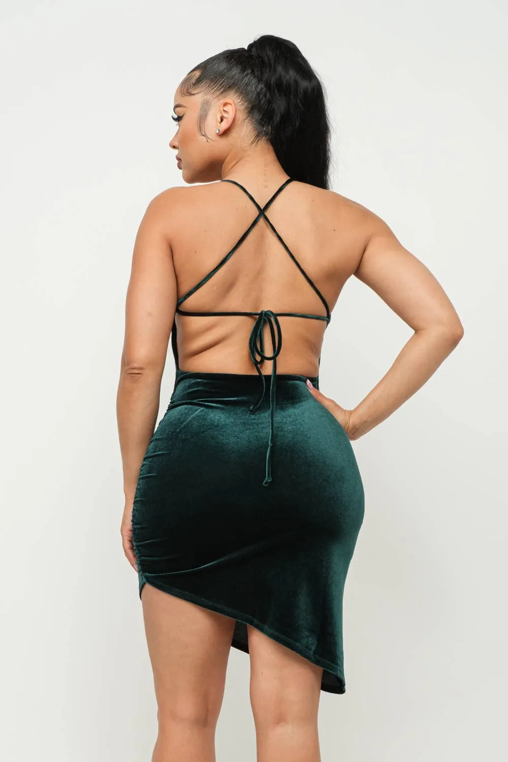 Velvet Cross Back Tie Side Asymmetrical Hem Dress