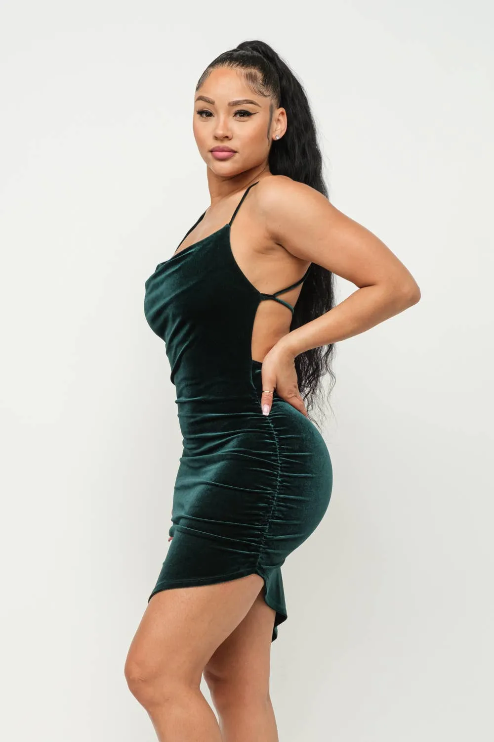 Velvet Cross Back Tie Side Asymmetrical Hem Dress