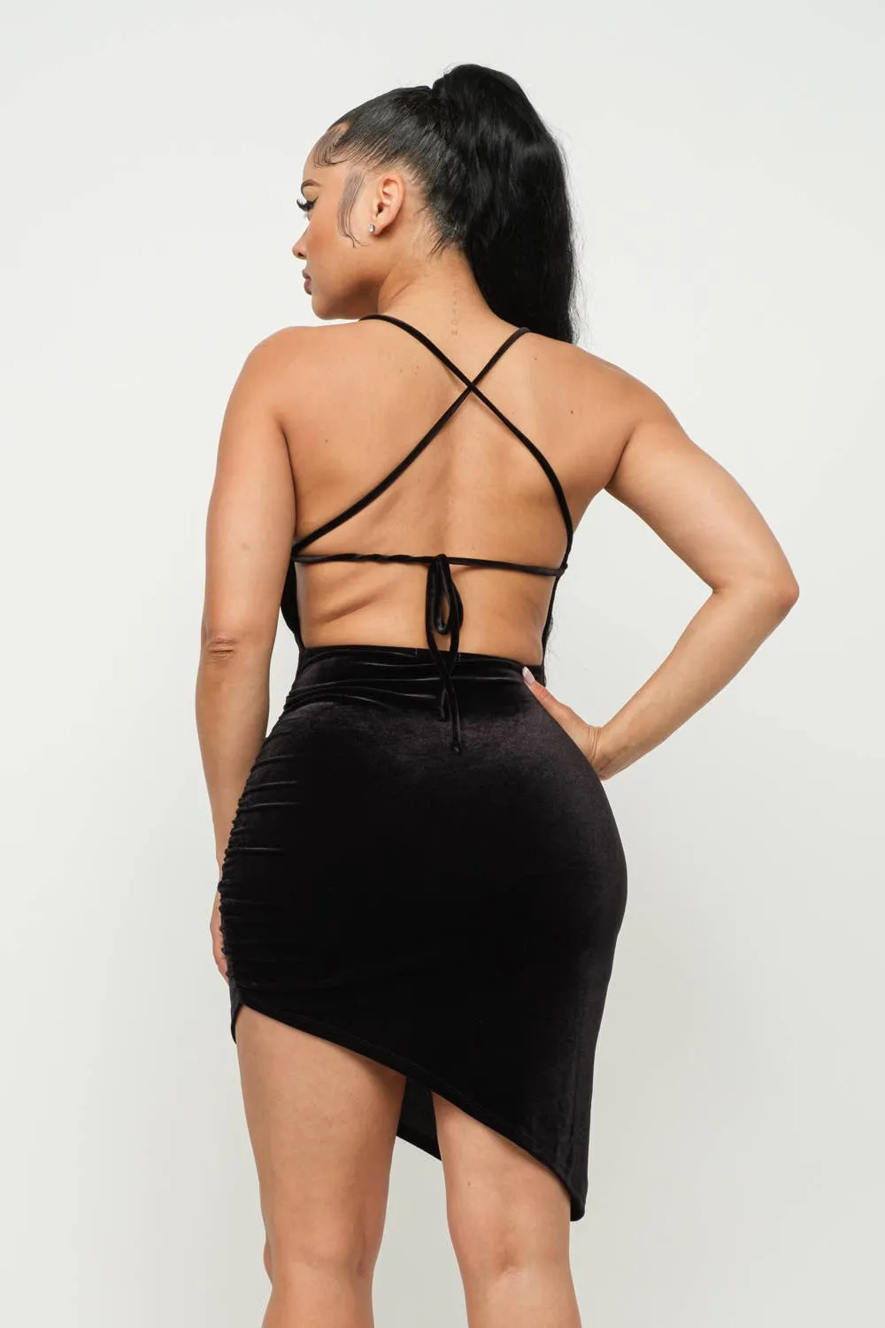 Velvet Cross Back Tie Side Asymmetrical Hem Dress