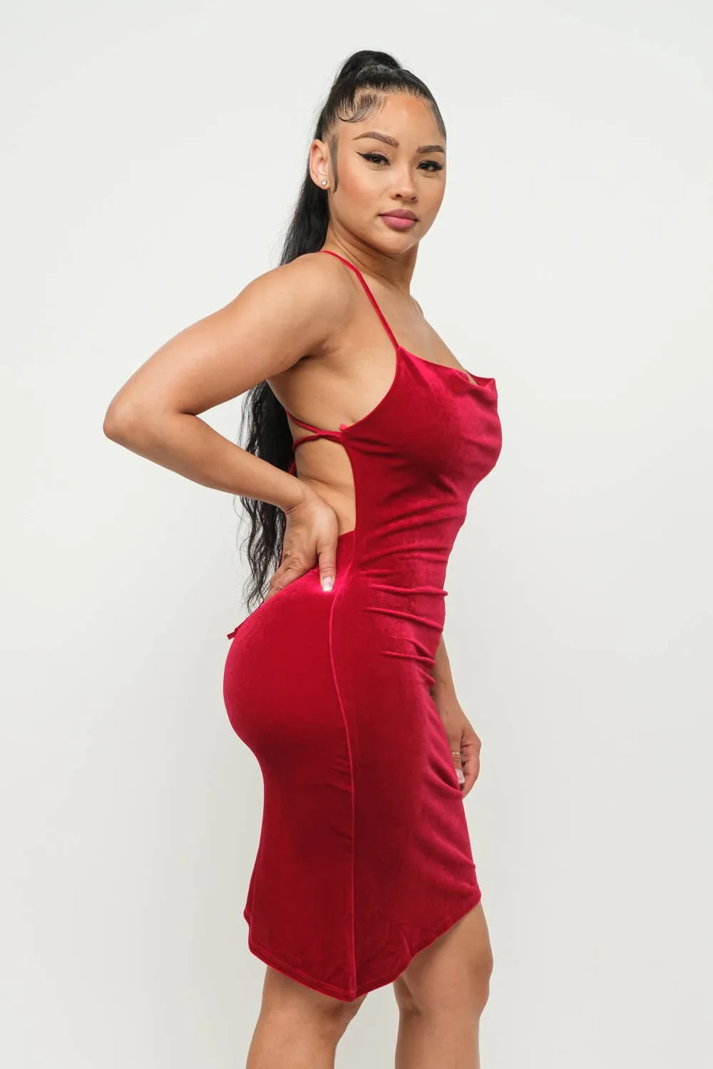 Velvet Cross Back Tie Side Asymmetrical Hem Dress