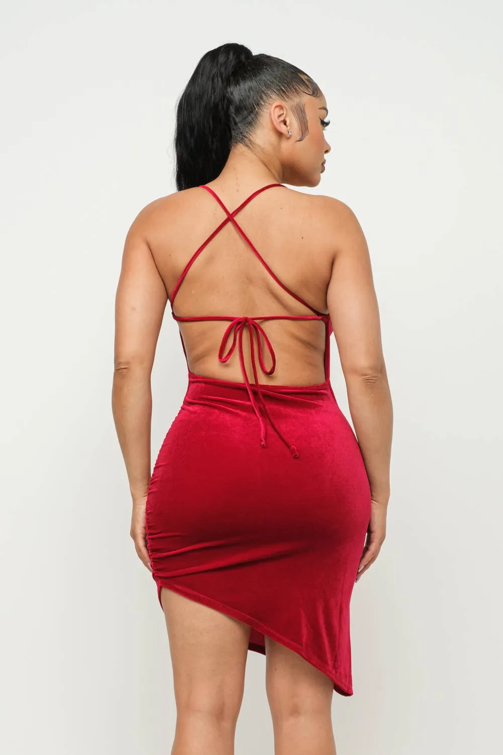 Velvet Cross Back Tie Side Asymmetrical Hem Dress