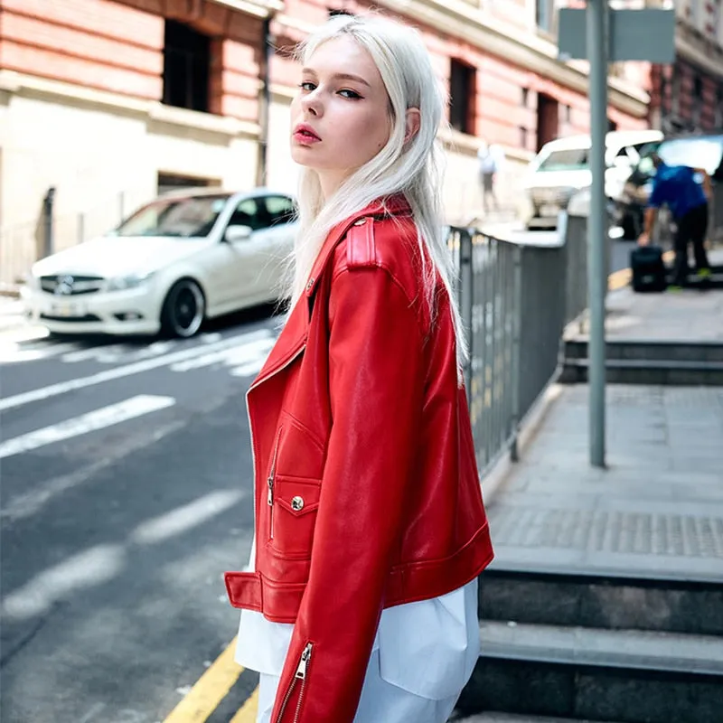 Wenkouban  Autumn Faux Leather Coat Women Red PU Leather Jacket Women Short Biker Jackets Turn Down Collar Slim Motorcycle Outwear