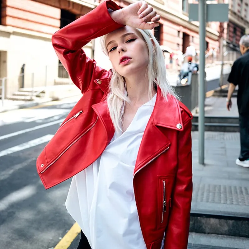 Wenkouban  Autumn Faux Leather Coat Women Red PU Leather Jacket Women Short Biker Jackets Turn Down Collar Slim Motorcycle Outwear