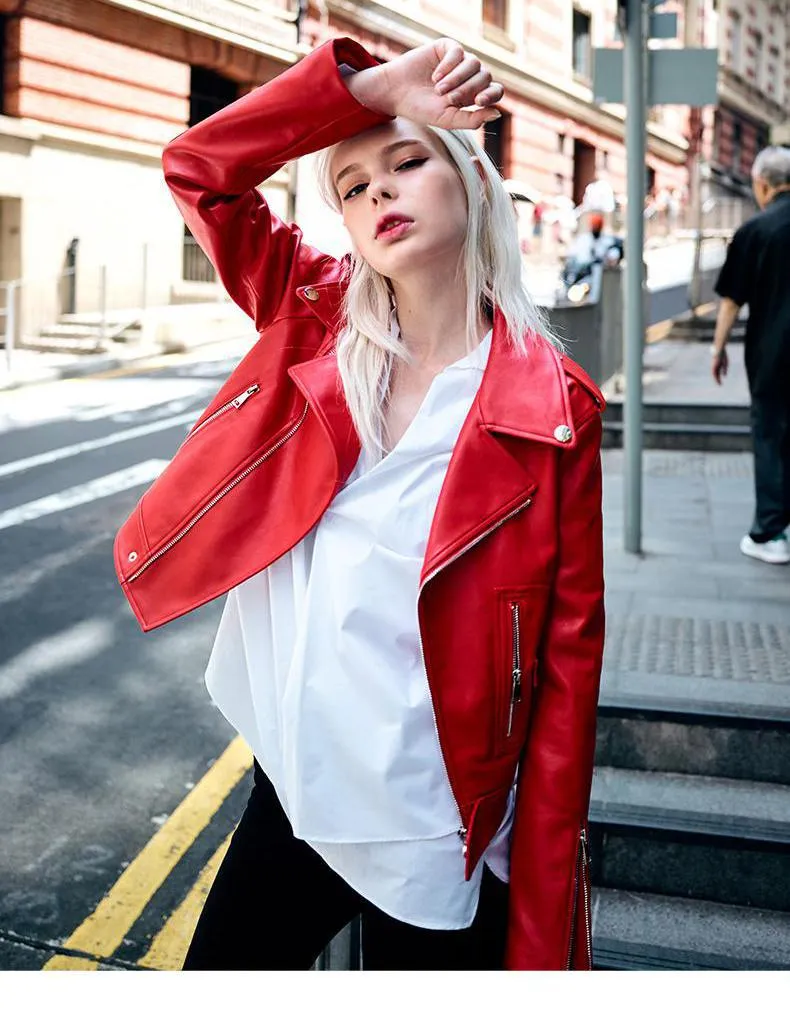 Wenkouban  Autumn Faux Leather Coat Women Red PU Leather Jacket Women Short Biker Jackets Turn Down Collar Slim Motorcycle Outwear