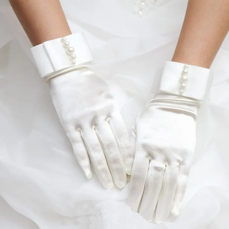 Womens Short Pearl Beaded Gloves